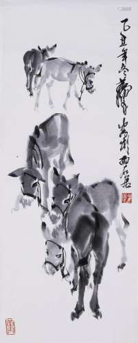 CHINESE SCROLL PAINTING OF DONKEY SIGNED BY HUANG ZHOU