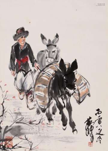 CHINESE SCROLL PAINTING OF MAN WITH DANKEY SIGNED BY