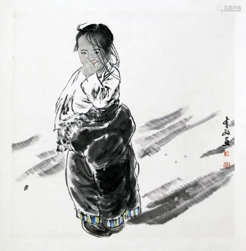 CHINESE SCROLL PAINTING OF TIBETAN GIRL SIGNED BY WANG