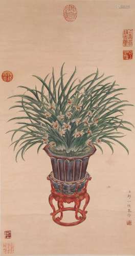 CHINESE SCROLL PAINTING OF ORCHID IN BASIN SIGNED BY