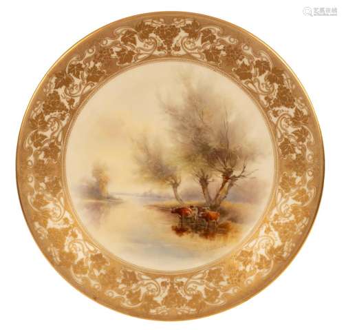 A Royal Worcester plate, painted cattle standing in a stream...