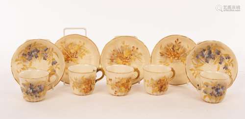 Five Royal Worcester cups and saucers of ribbed form with gi...