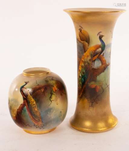 A Royal Worcester cylindrical trumpet vase painted peacocks ...