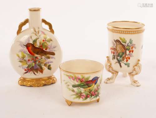 A Royal Worcester pilgrim flask painted birds, insects and f...