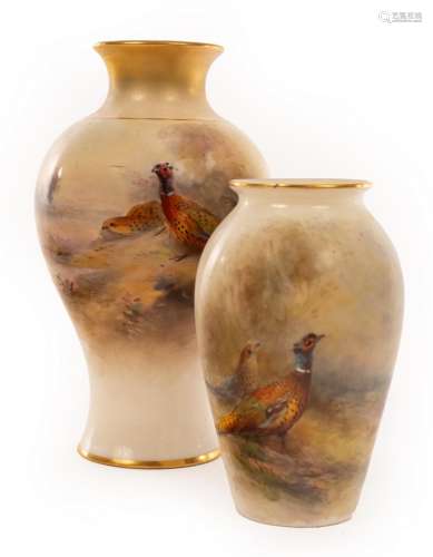 A Royal Worcester baluster vase painted pheasants in a woode...
