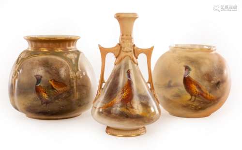 A Royal Worcester globular lobed vase painted pheasants by J...