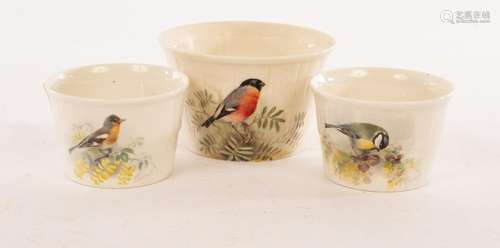 Three Royal Worcester souffle pots painted a great tit, chaf...