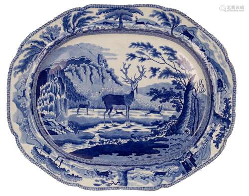 A blue and white Bewick Stag pattern meat plate, probably Mi...