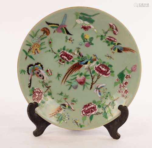 A 20th Century celadon saucer dish decorated butterflies and...