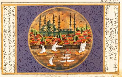 A Persian circular miniature of a sailing boat before a city...