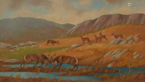 Ralston Gudgeon (1910-1964)/Stag Rutting/signed/oil on board...