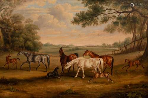 English School, 19th Century/Mares and Foals in a Wooded Lan...