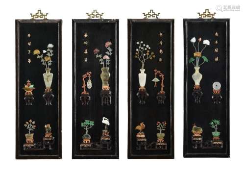 A set of Four Chinese hardstone and lacquer panels