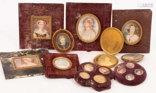 A group of portrait miniatures and hand tinted photographs, ...