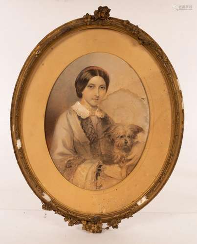 English School, 19th Century/Woman with Dog/watercolour,