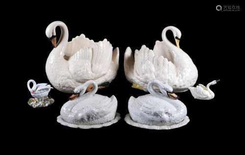 A group of pottery and porcelain swans