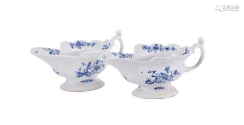 A pair of Worcester blue and white sauceboats painted with &...