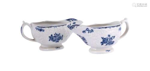 A pair of Lowestoft blue and white sauceboats