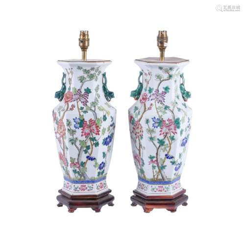 A pair of modern Chinese porcelain hexagonal section famille...