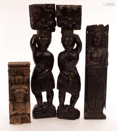 A 17th Century carved oak caryatid, 43cm high, a small oak c...