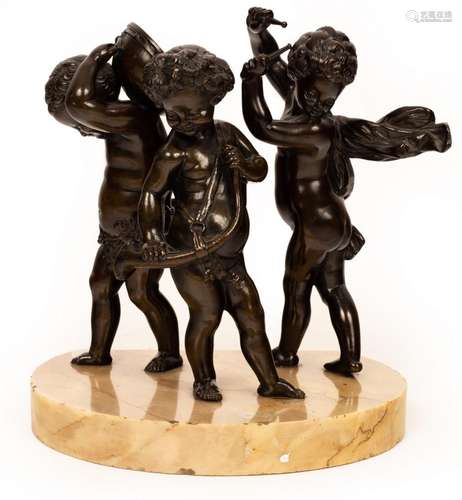 A bronze group, musical putto on a marble base,