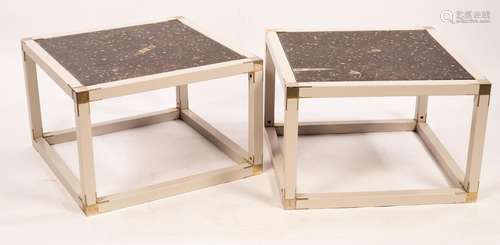 A pair of 1970s painted coffee tables on square metal bound ...