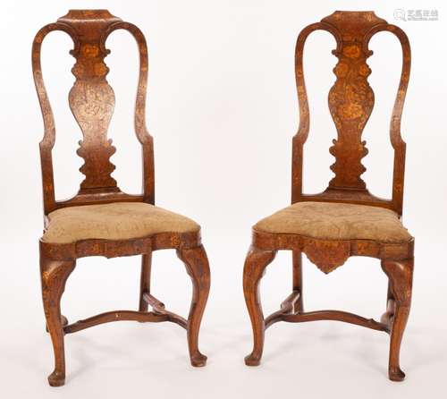 A pair of 18th Century Dutch walnut and floral marquetry cha...