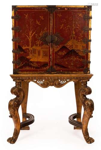 An 18th Century red japanned cabinet on stand, the chest dec...