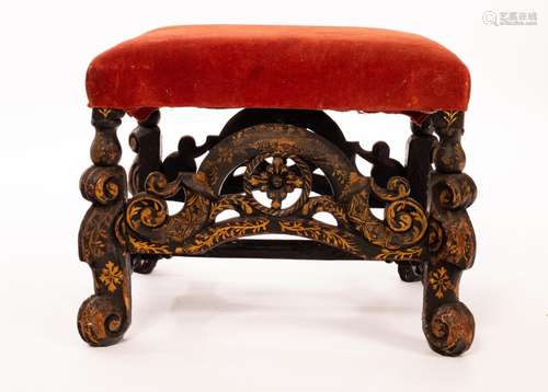 A William and Mary stool, the black lacquer base with gilded...