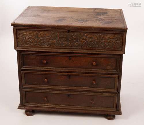 A Queen Anne oak box top chest, with rectangular hinged lid,