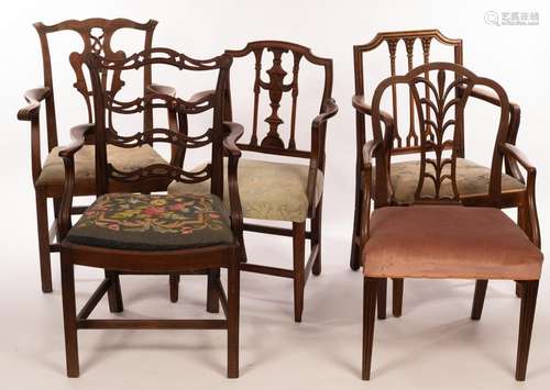 Five 19th Century open armchairs, with pierced upright splat...