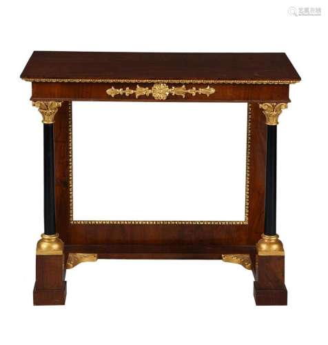 A mahogany, ebonised and parcel gilt Console table, in early...