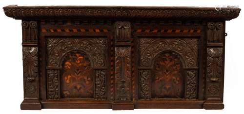 A Charles II oak and inlaid twin panel overmantel,