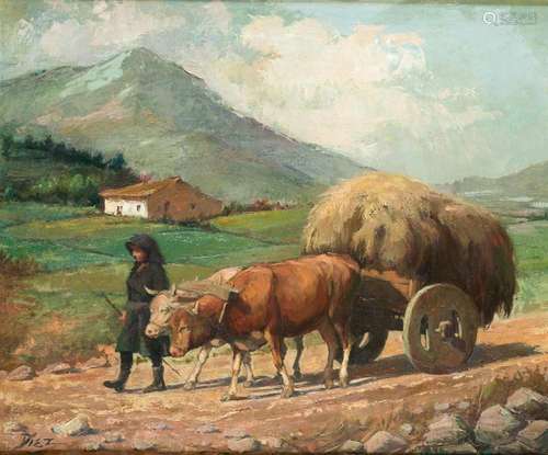 SPANISH SCHOOL (20th century) Cart with oxen.