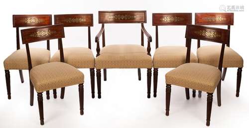 Six Regency mahogany dining chairs, the cresting rails inlai...