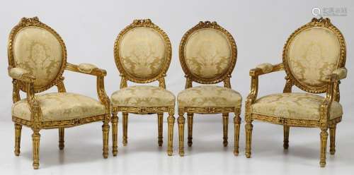 Two gilded Louis XVI style chairs and 2 armchairs