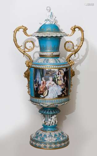 Vase in blue porcelain gallant scene with bronze