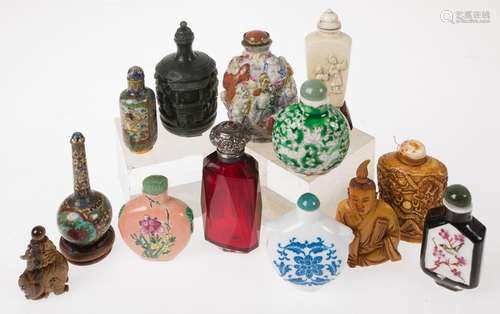 Collection of 11 oriental snuff bottles and 1 groin bottle