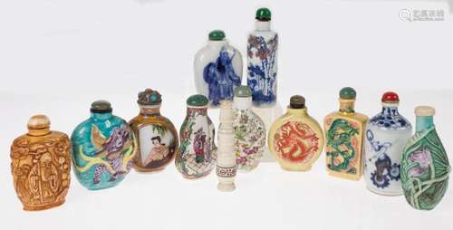 Collection of 11 oriental snuff bottles and 1 groin bottle