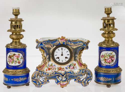 Porcelain clock and lamp fittings, France, 19th century
