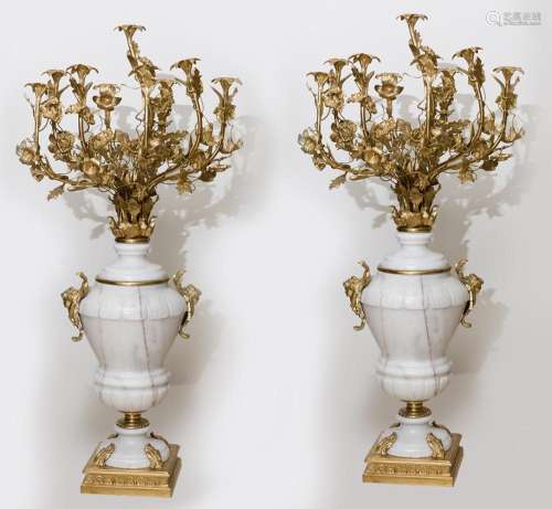 Pair of marble and bronze goblets, 20th c.