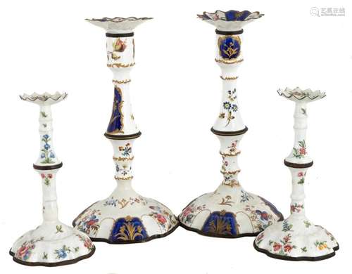 Two Pair French Enameled Hand Painted Candlesticks