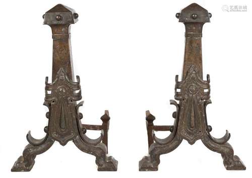 Large Arts & Craft Hand Hammered Andirons