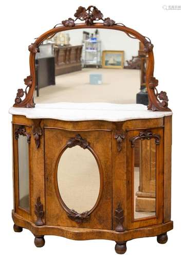 English Burl Walnut Wood and Marble Top Side Cabinet