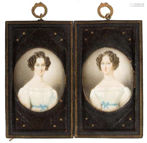 Early 19th Century Watercolor Miniature Portraits of Two Sis...