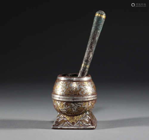 In ancient China, bronze medicine jar inlaid with gold and s...