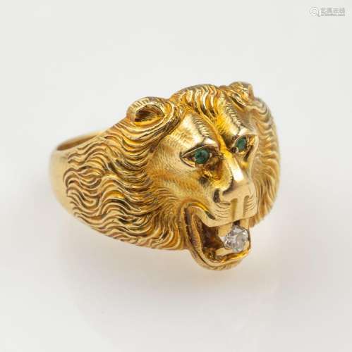 14 kt gold ring 'lion head' with brilliant andemer...