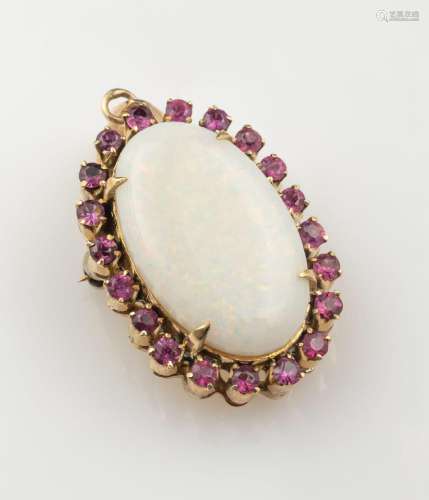 14 kt gold pendant/brooch with opal and rubies, YG 585/000