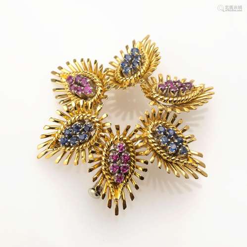 18 kt gold blossombrooch with coloured stones