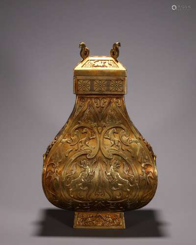 铜鎏金虎纹方瓶